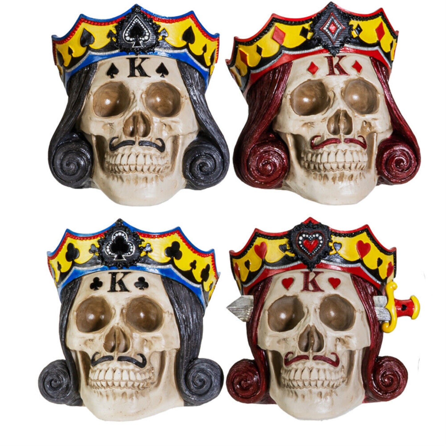 King Suites Hearts, Clubs, Spades, and Diamonds, Skull Gothic Home Decor, 4.25 Inches, Set of 4