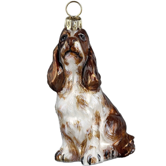 Joy to the World Sitting Liver and White Springer Spaniel Dog Polish Glass Christmas Ornament