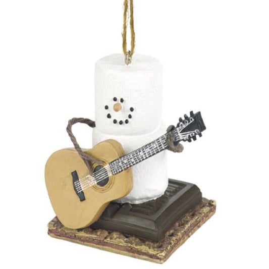 Smores Marshmallow Snowman Playing the Guitar Resin Holiday Christmas Ornament 2.5 inch