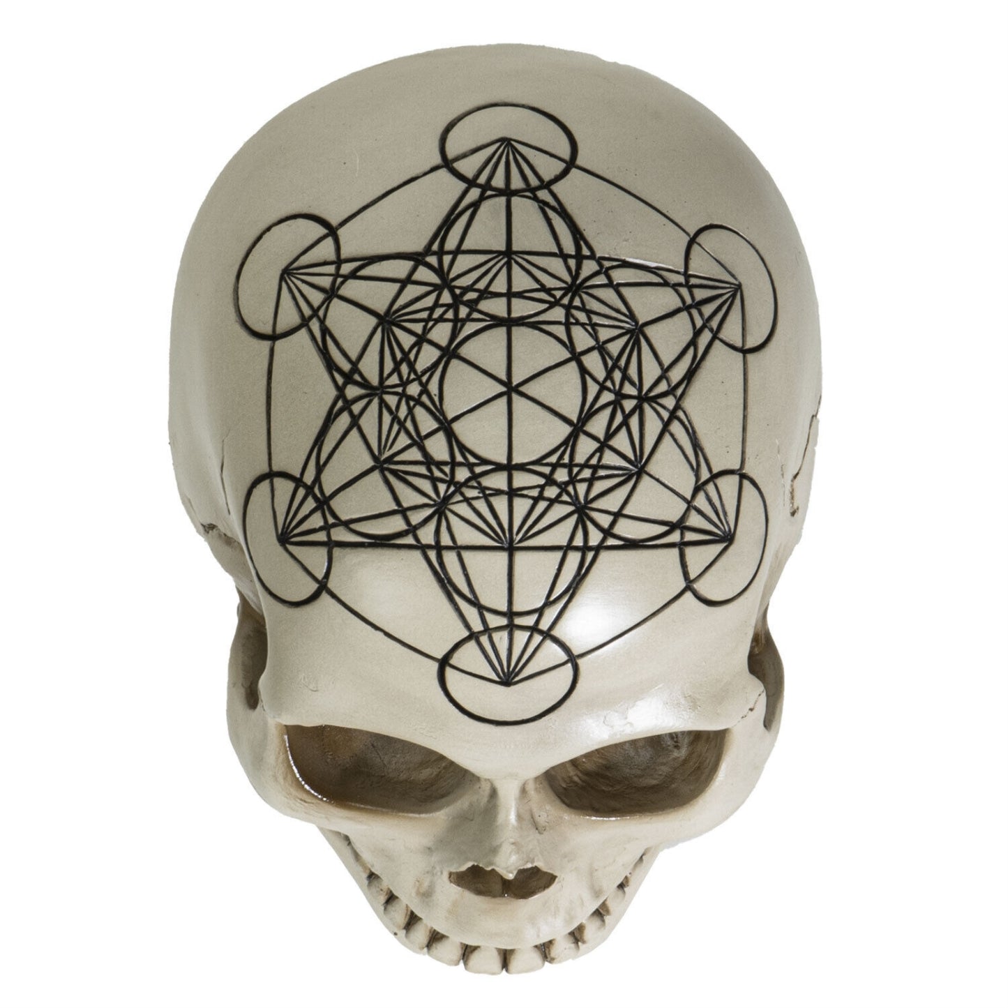 Sacred Geometry Metatrons Cube Human Skull Figurine 6.25 inch