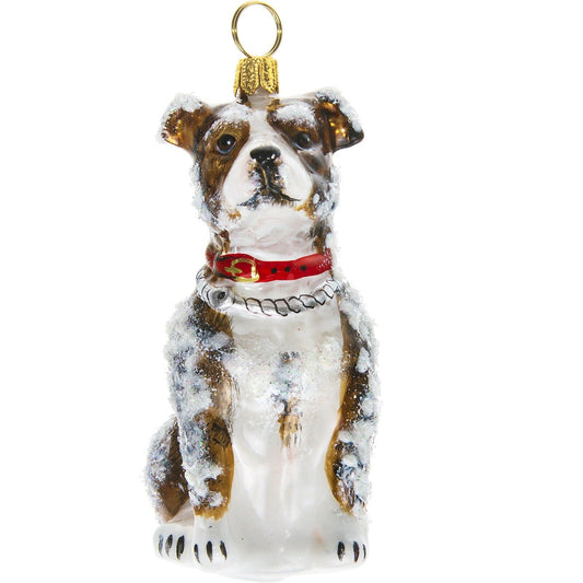Joy to the World Snowy American Staffordshire Polish Glass Christmas Dog Ornament