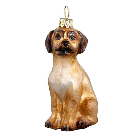 Joy to the World Brown Puggle Sitting Dog Polish Blown Glass Christmas Ornament