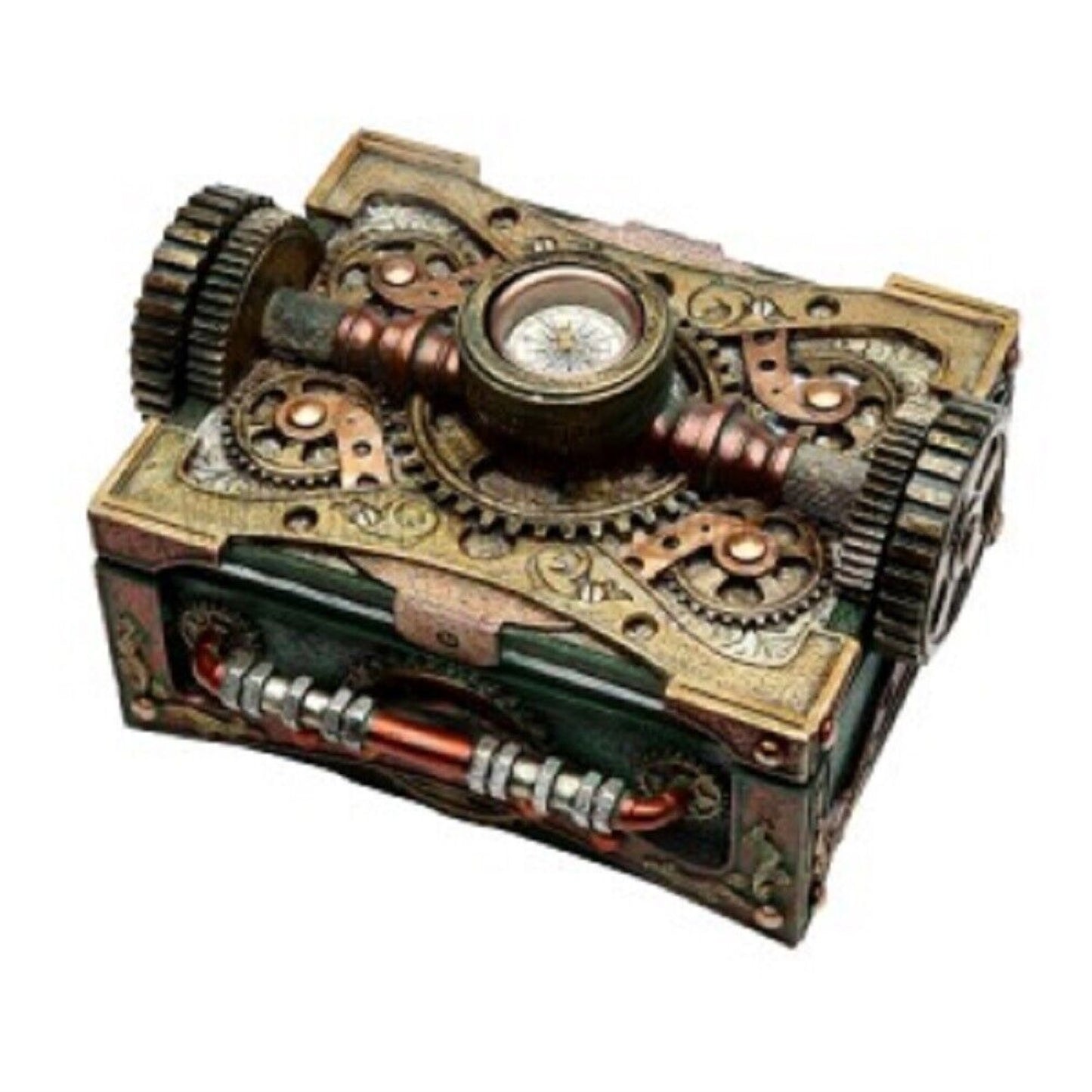 Steampunk Mechanical Gears Design Secret Jewelry Trinket Keepsake Box With Navigational Compass