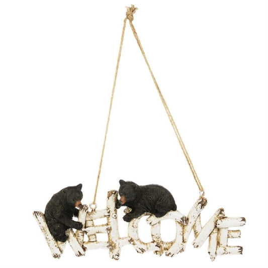 Black Bears on Welcome Sign Hanging Home Wall Decoration 14.25 x 5.5 Inch