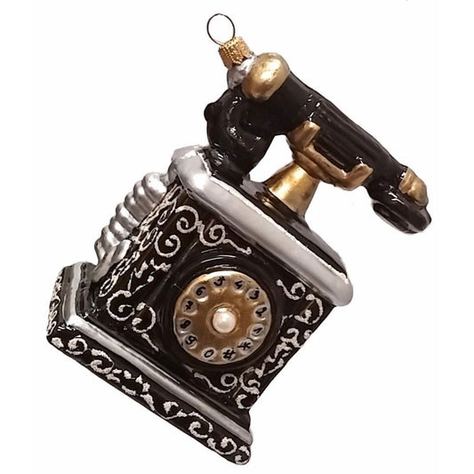 Pinnacle Peak Trading Vintage Black Rotary Telephone Polish Blown Glass Christmas Ornament Decorations