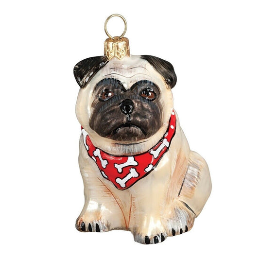 Joy to the World Fawn Pug with Bandana Sitting Dog Polish Blown Glass Christmas Ornament