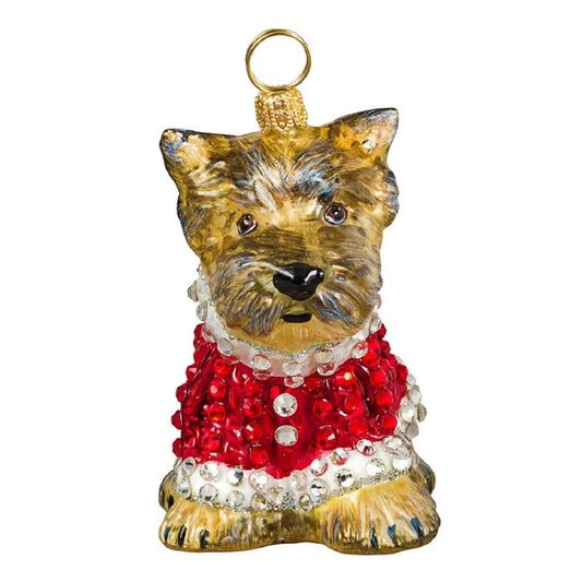Joy to the World Yorkshire Terrier Puppy in Crystal Coat Polish Blown Glass Christmas Ornament