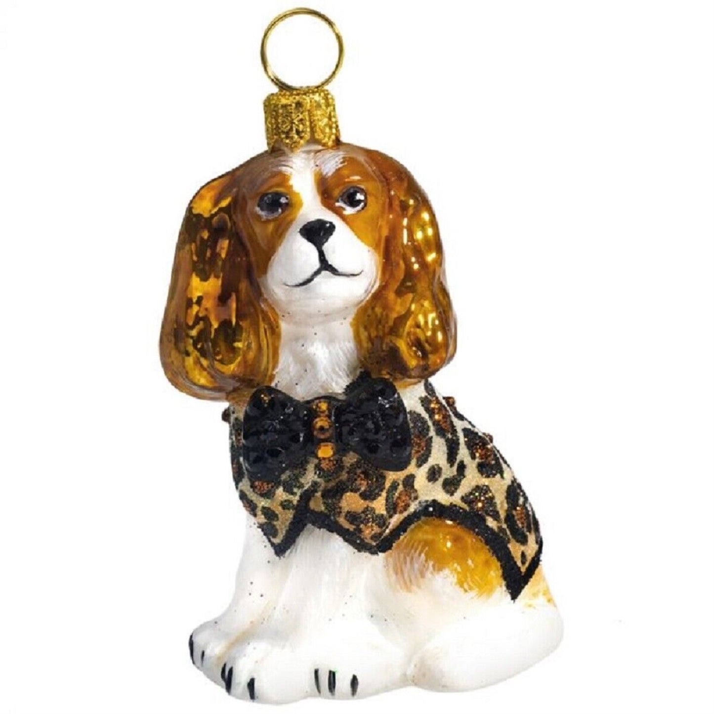 Joy to the World Blenheim Cavalier King Charles Spaniel Leopard Coat Crystal Bow Tie Ornament
