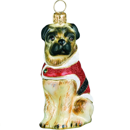 Joy to the World Pug Santa Paws Polish Glass Christmas Ornament