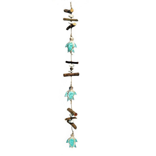 Wooden Aqua Three Sea Turtle Strand With Driftwood and Stone Mobile 34.5 inch