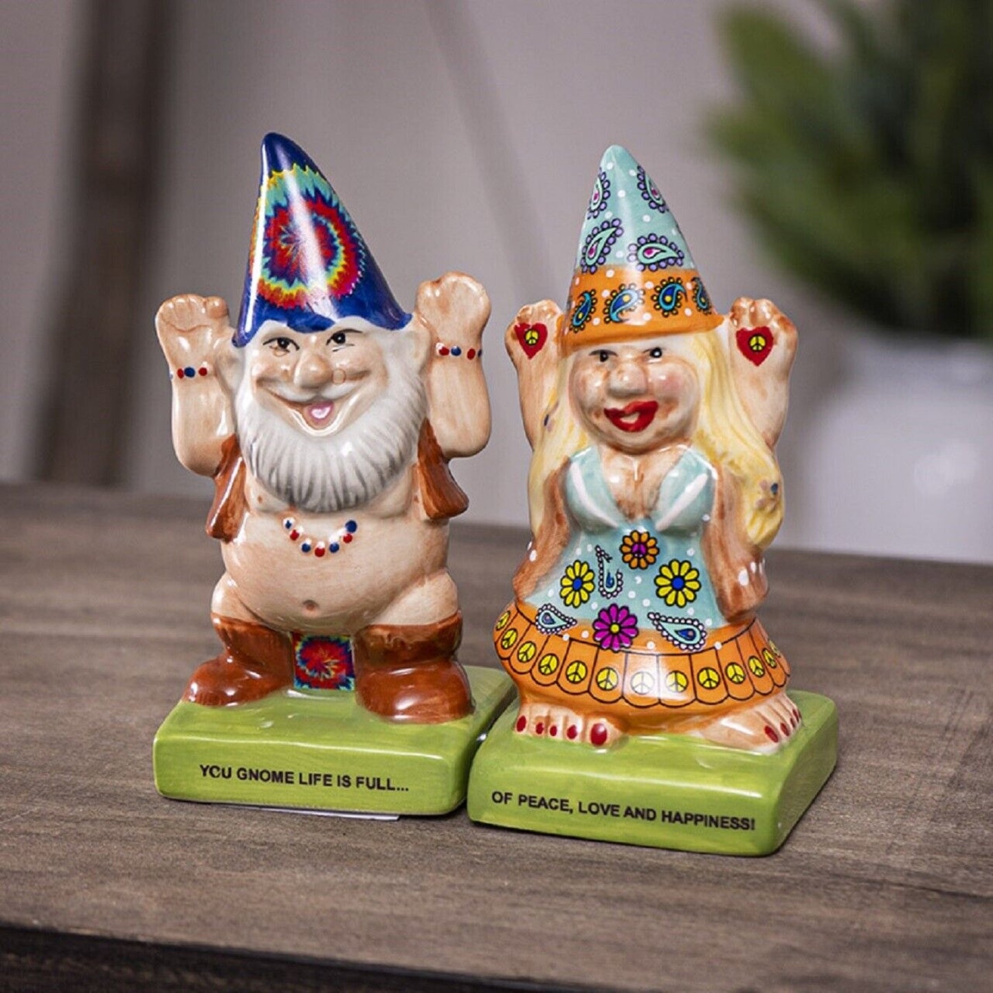 Pacific Trading Hippie Gnomes Ceramic Magnetic Salt and Pepper Shaker Set 4 Inch Multicolor