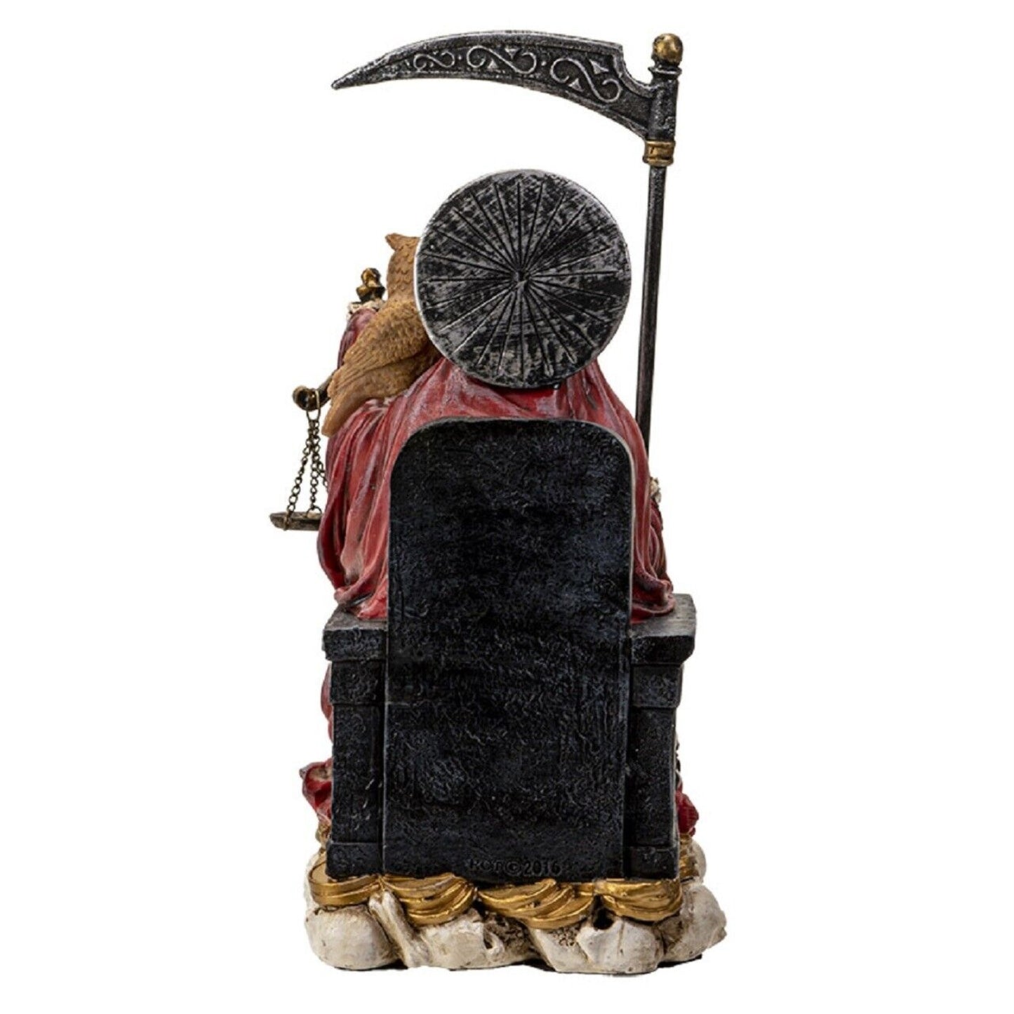 Sitting Santa Muerte in Red Gown with Owl and Scale Figurine 9 Inch