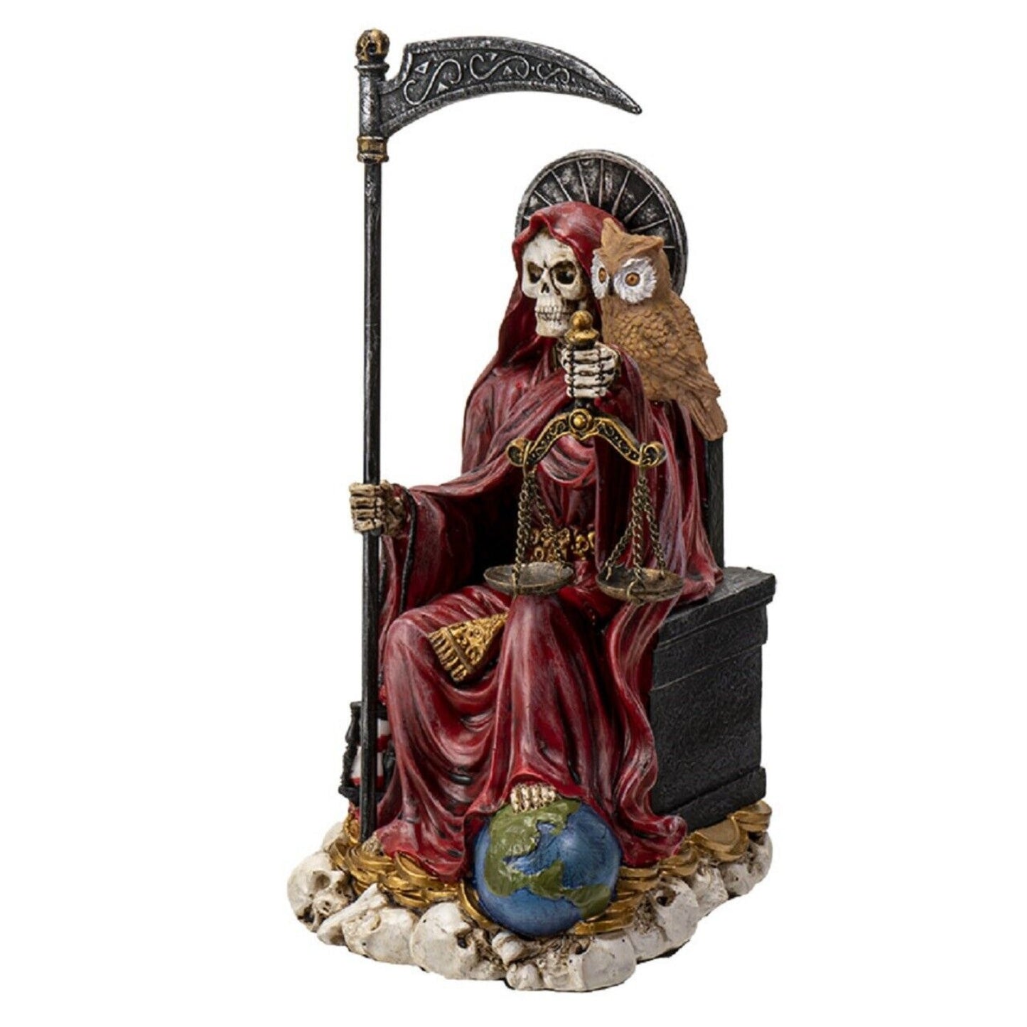 Sitting Santa Muerte in Red Gown with Owl and Scale Figurine 9 Inch