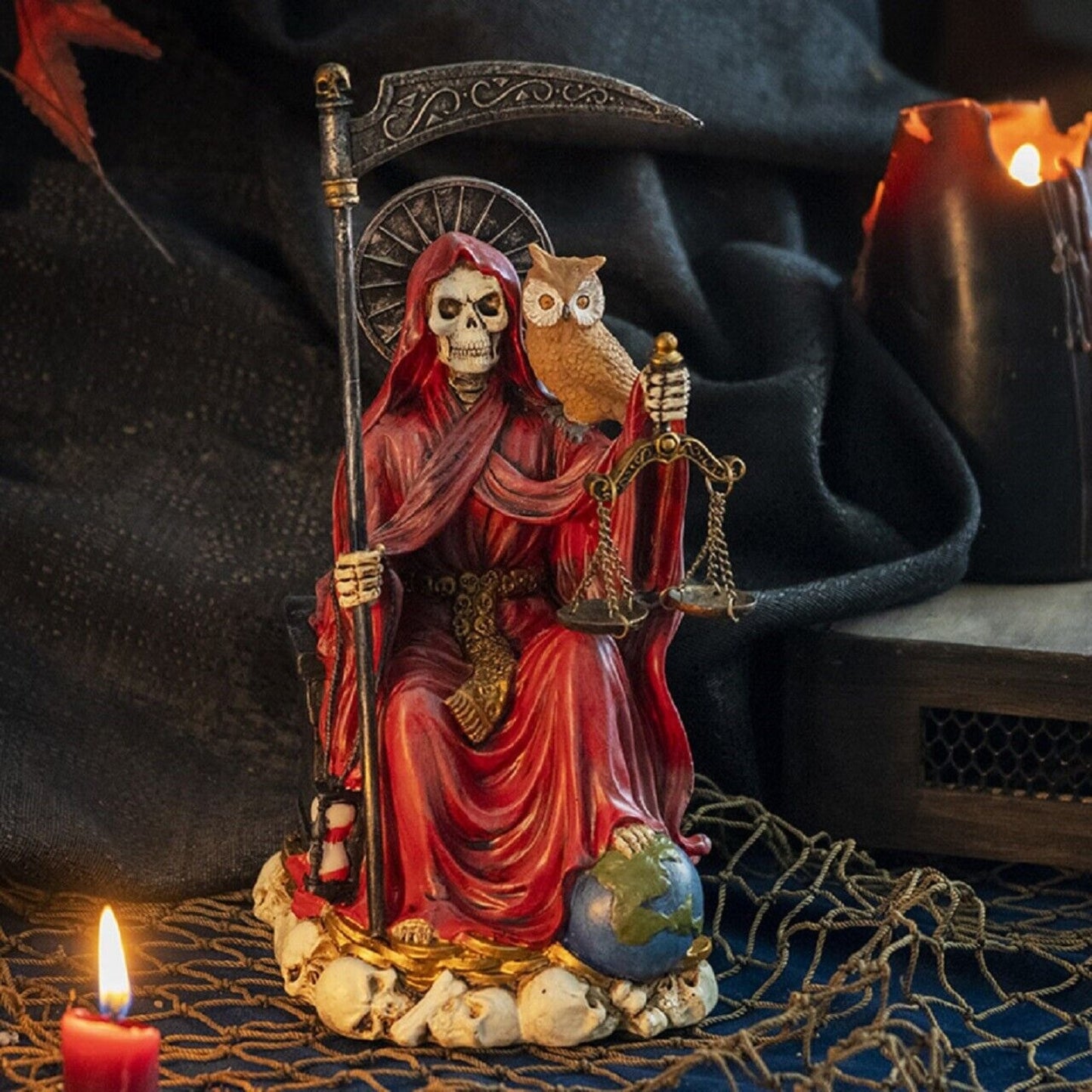 Sitting Santa Muerte in Red Gown with Owl and Scale Figurine 9 Inch