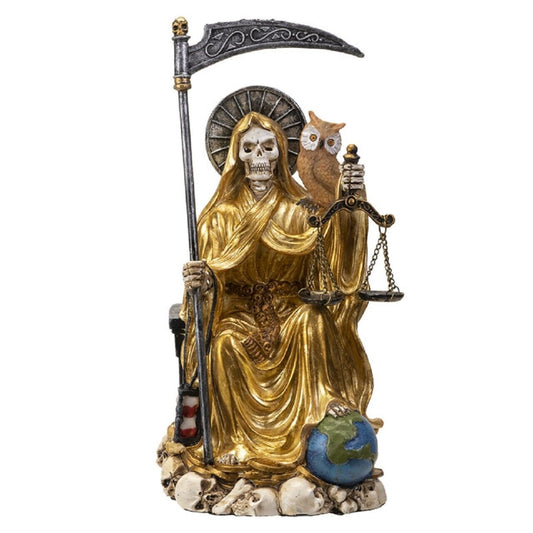 Sitting Santa Muerte in Gold Gown with Owl and Scale Figurine 9 Inch