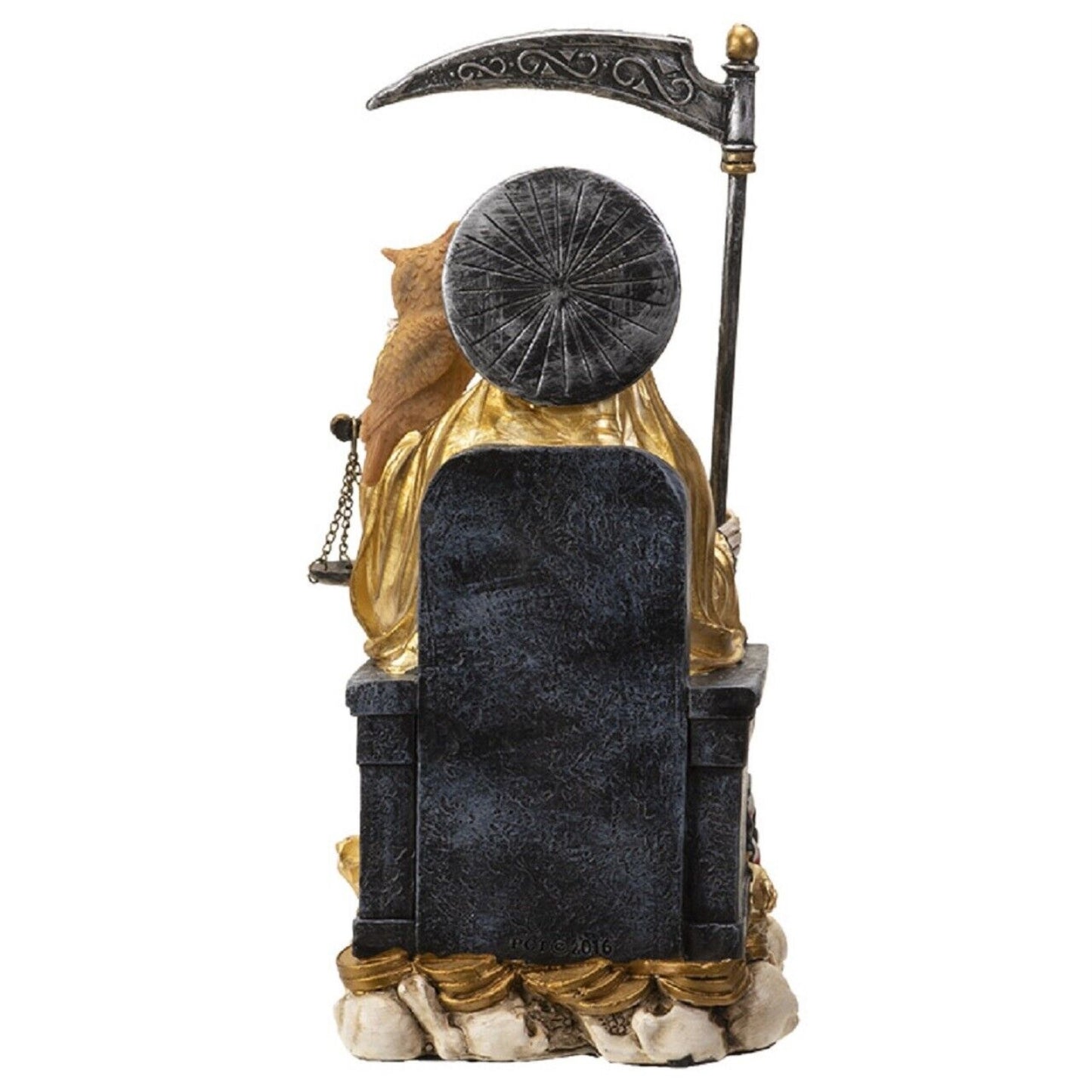 Sitting Santa Muerte in Gold Gown with Owl and Scale Figurine 9 Inch
