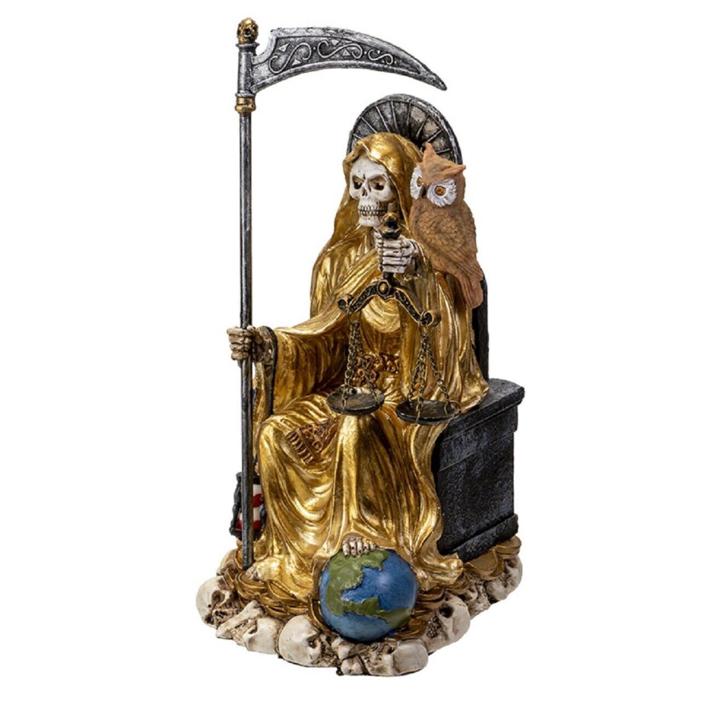 Sitting Santa Muerte in Gold Gown with Owl and Scale Figurine 9 Inch