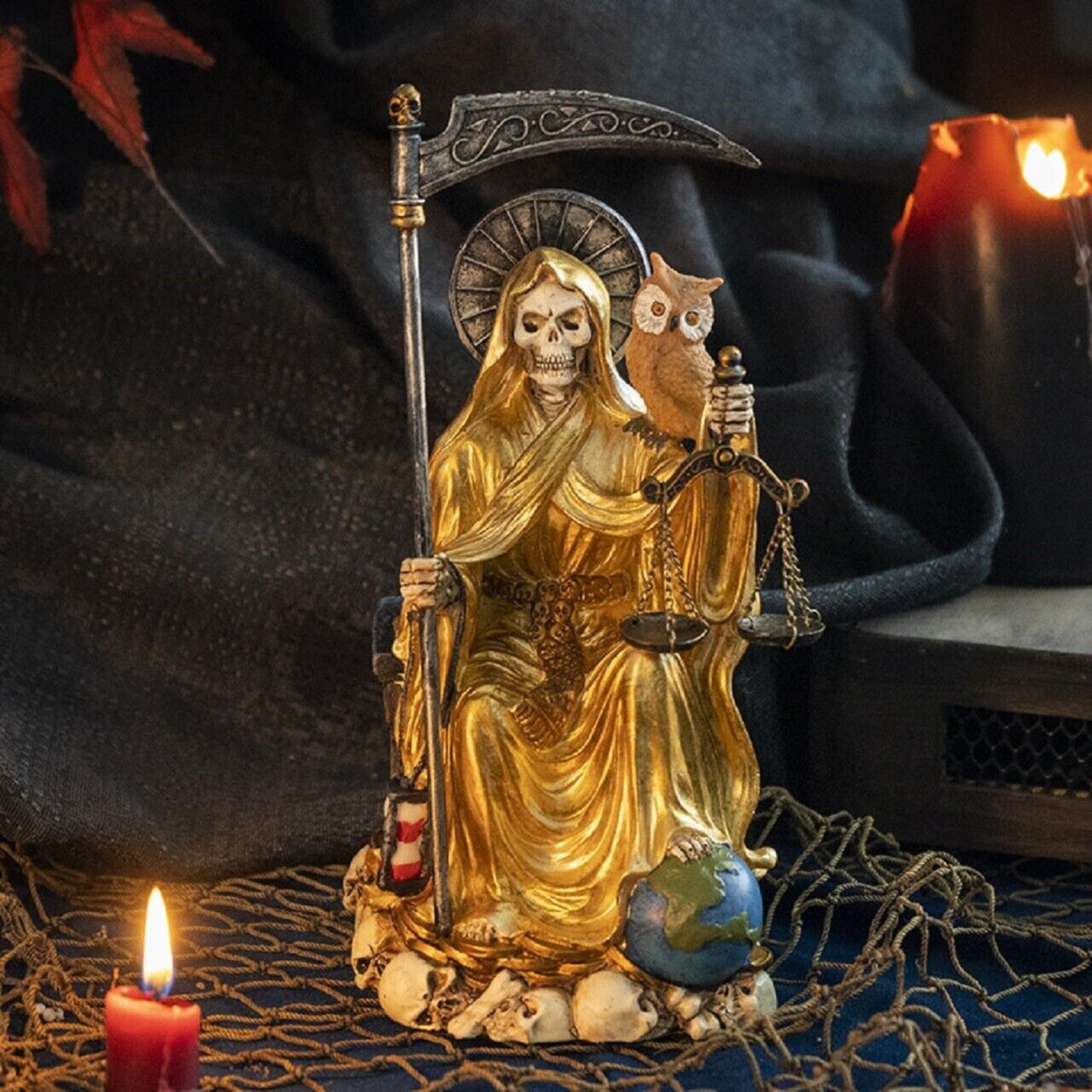 Sitting Santa Muerte in Gold Gown with Owl and Scale Figurine 9 Inch