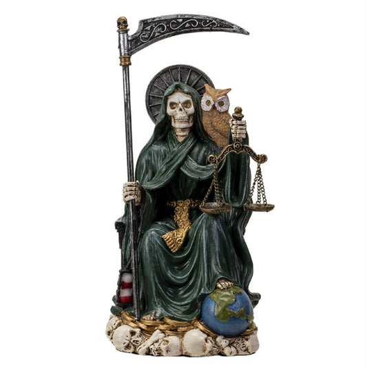 Sitting Santa Muerte inGreen Gown with Owl and Scale Figurine Death 9 Inch