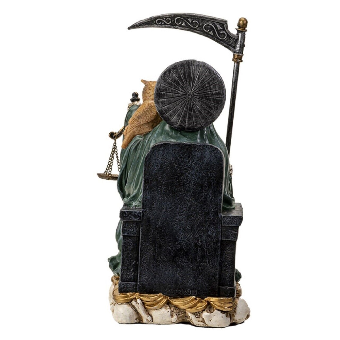Sitting Santa Muerte inGreen Gown with Owl and Scale Figurine Death 9 Inch
