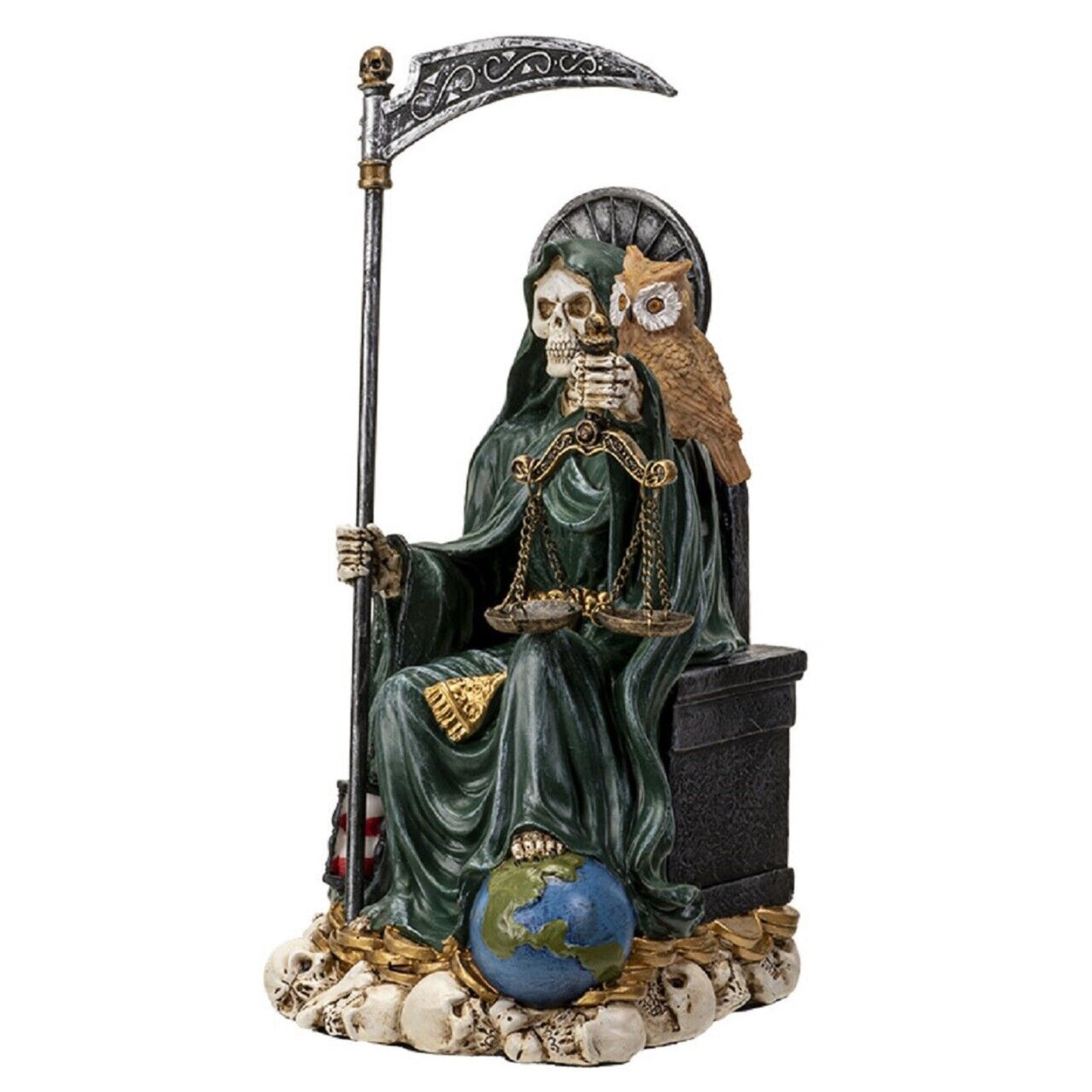 Sitting Santa Muerte inGreen Gown with Owl and Scale Figurine Death 9 Inch