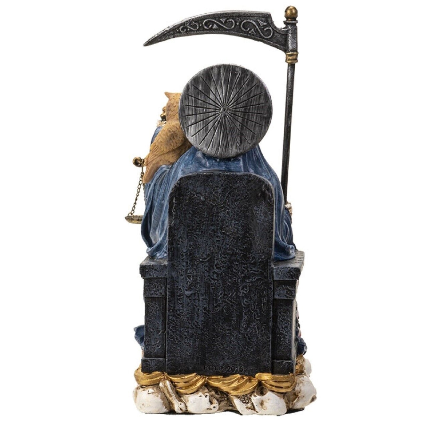 Sitting Santa Muerte in Blue Gown with Owl and Scale Figurine Death 9 Inch