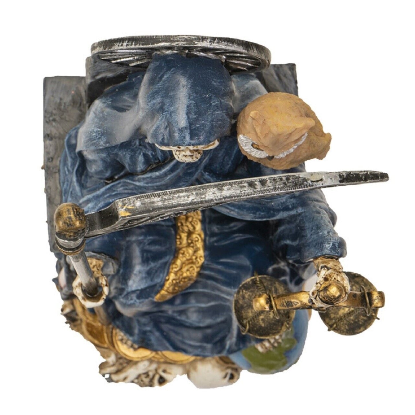 Sitting Santa Muerte in Blue Gown with Owl and Scale Figurine Death 9 Inch