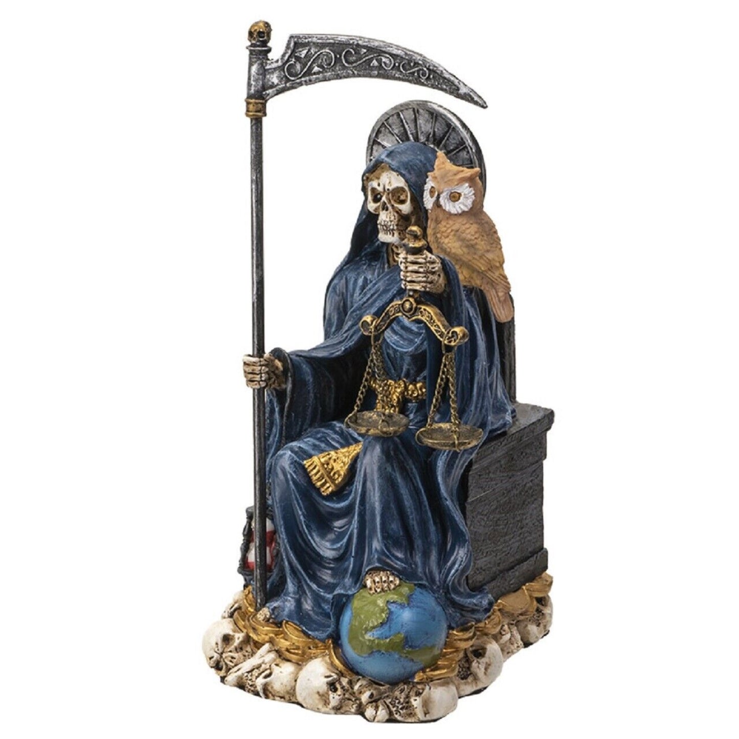 Sitting Santa Muerte in Blue Gown with Owl and Scale Figurine Death 9 Inch