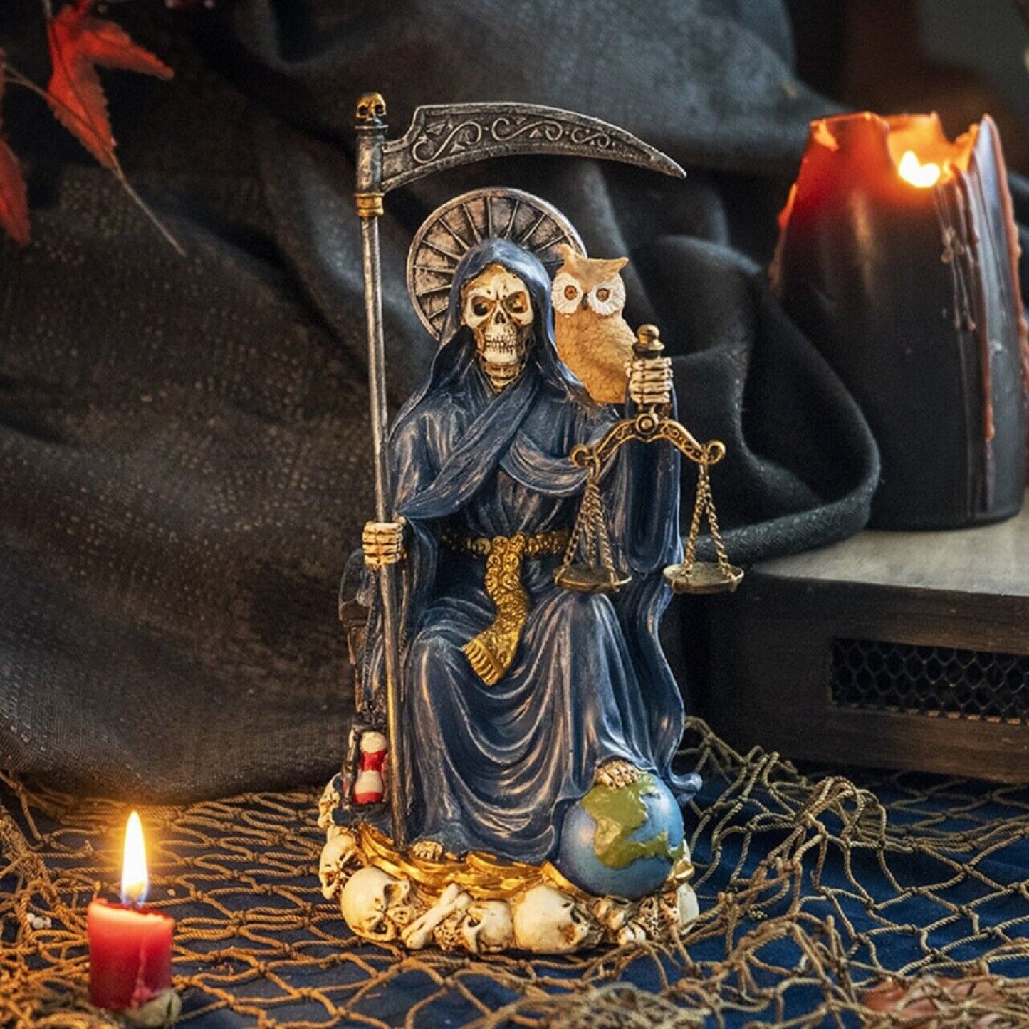 Sitting Santa Muerte in Blue Gown with Owl and Scale Figurine Death 9 Inch