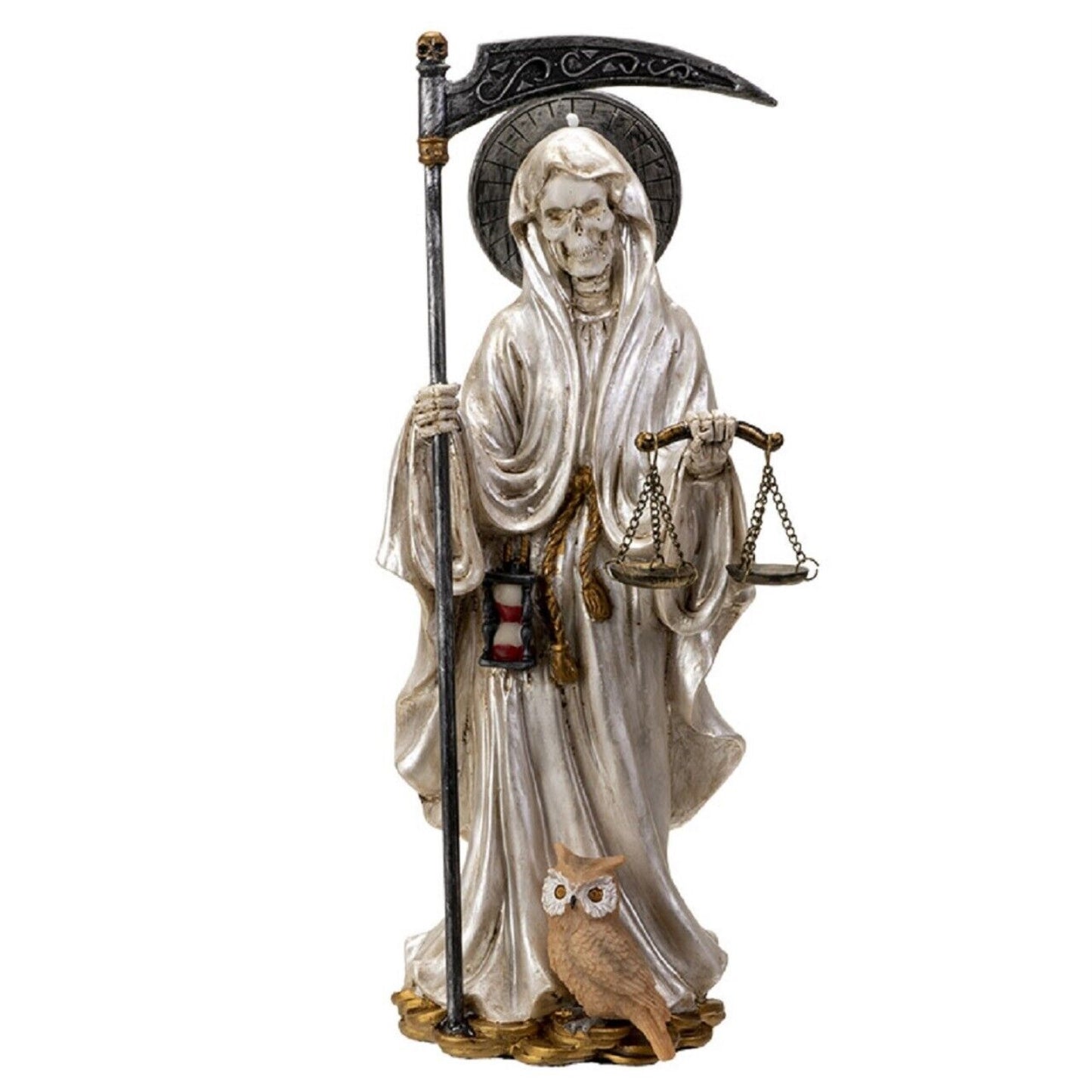 Santa Muerte in White Gown with Scale Figurine Death 10 Inch