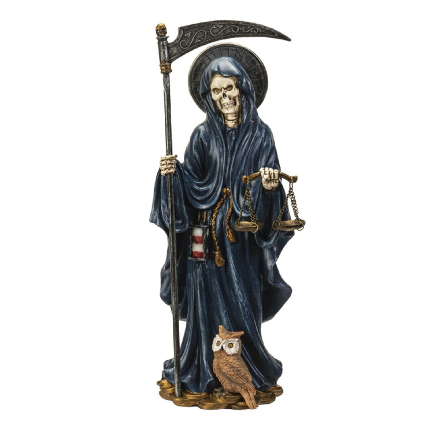 Santa Muerte Blue Gown with Owl Figurine Death 10 Inch