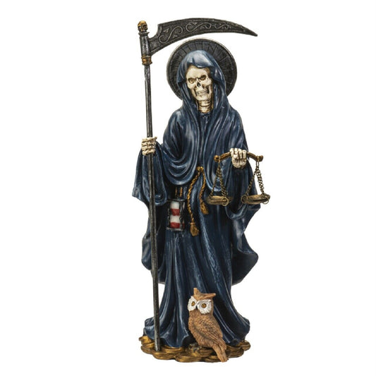 Santa Muerte Blue Gown with Owl Figurine Death 10 Inch