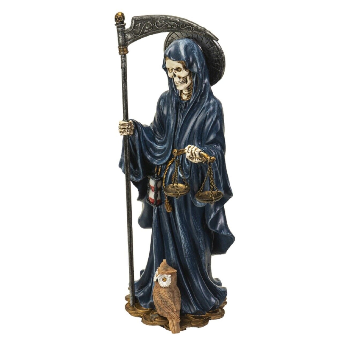Santa Muerte Blue Gown with Owl Figurine Death 10 Inch