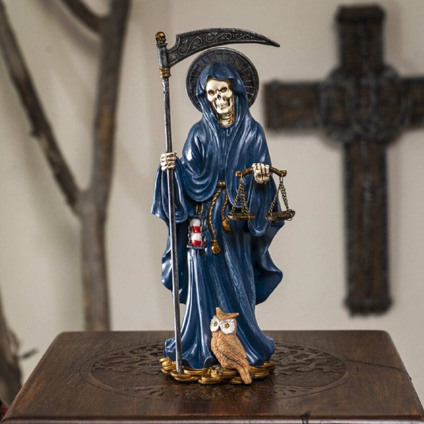 Santa Muerte Blue Gown with Owl Figurine Death 10 Inch