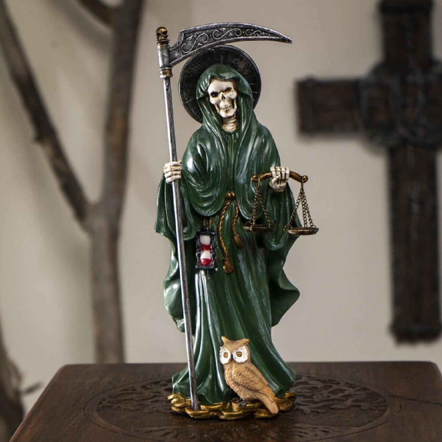 Santa Muerte Green Gown with Scale Figurine Death 10 Inch