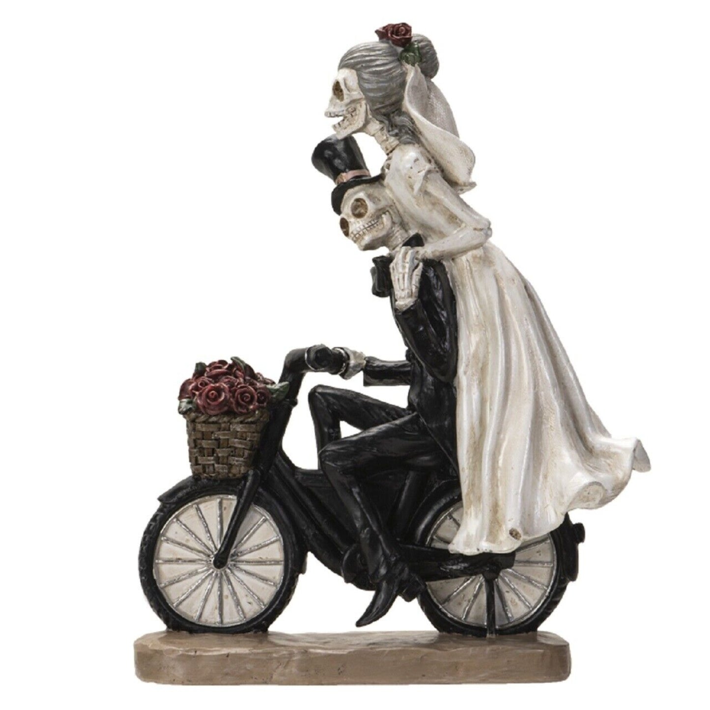 Love Never Dies Skeleton Wedding Couple on Bicycle Figurine 11 Inch