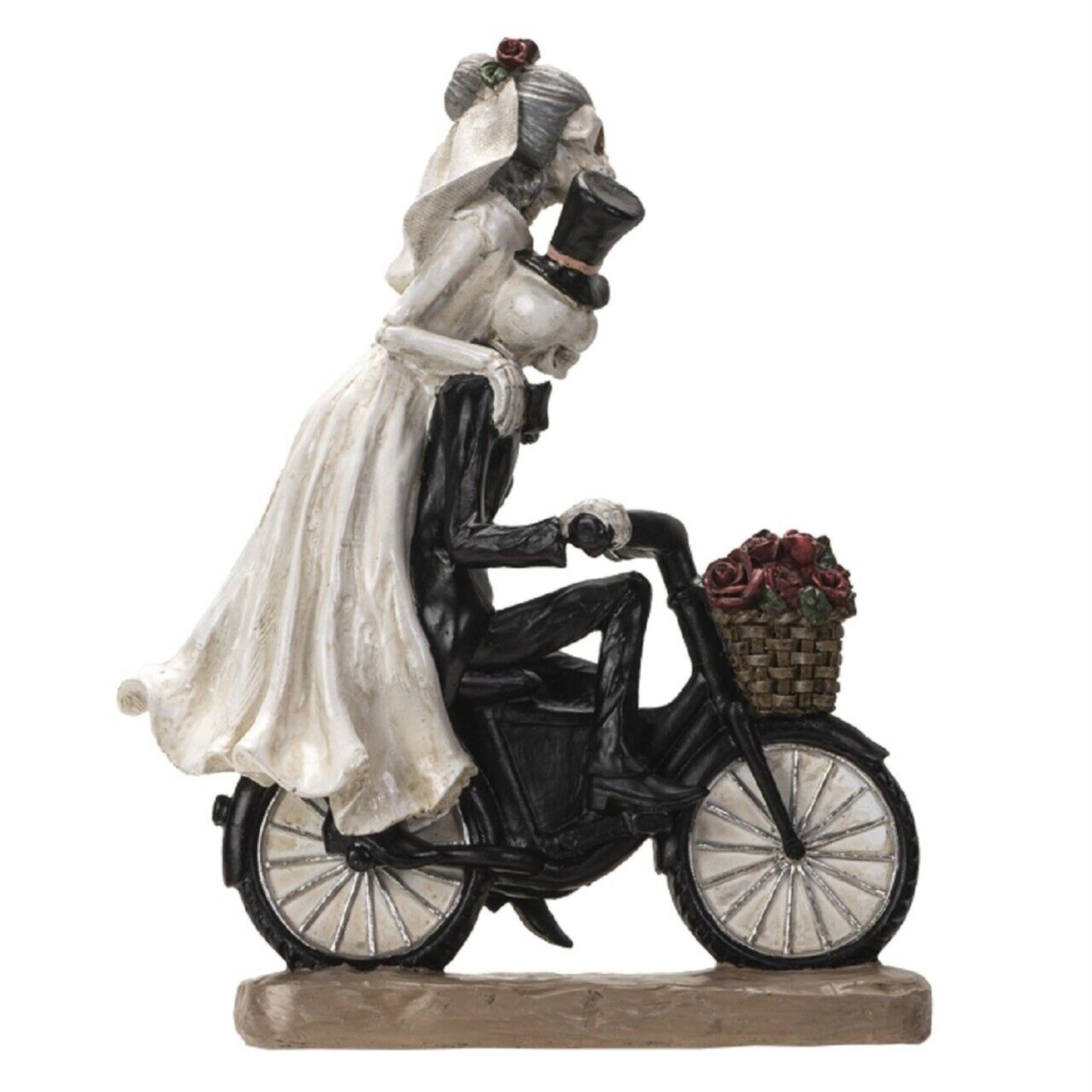 Love Never Dies Skeleton Wedding Couple on Bicycle Figurine 11 Inch