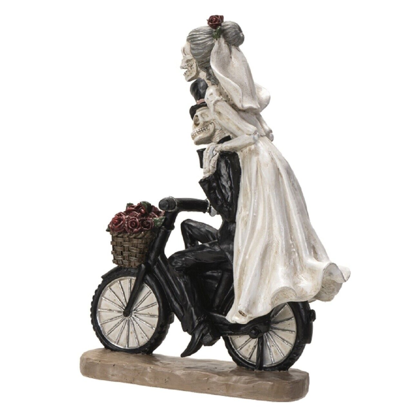 Love Never Dies Skeleton Wedding Couple on Bicycle Figurine 11 Inch