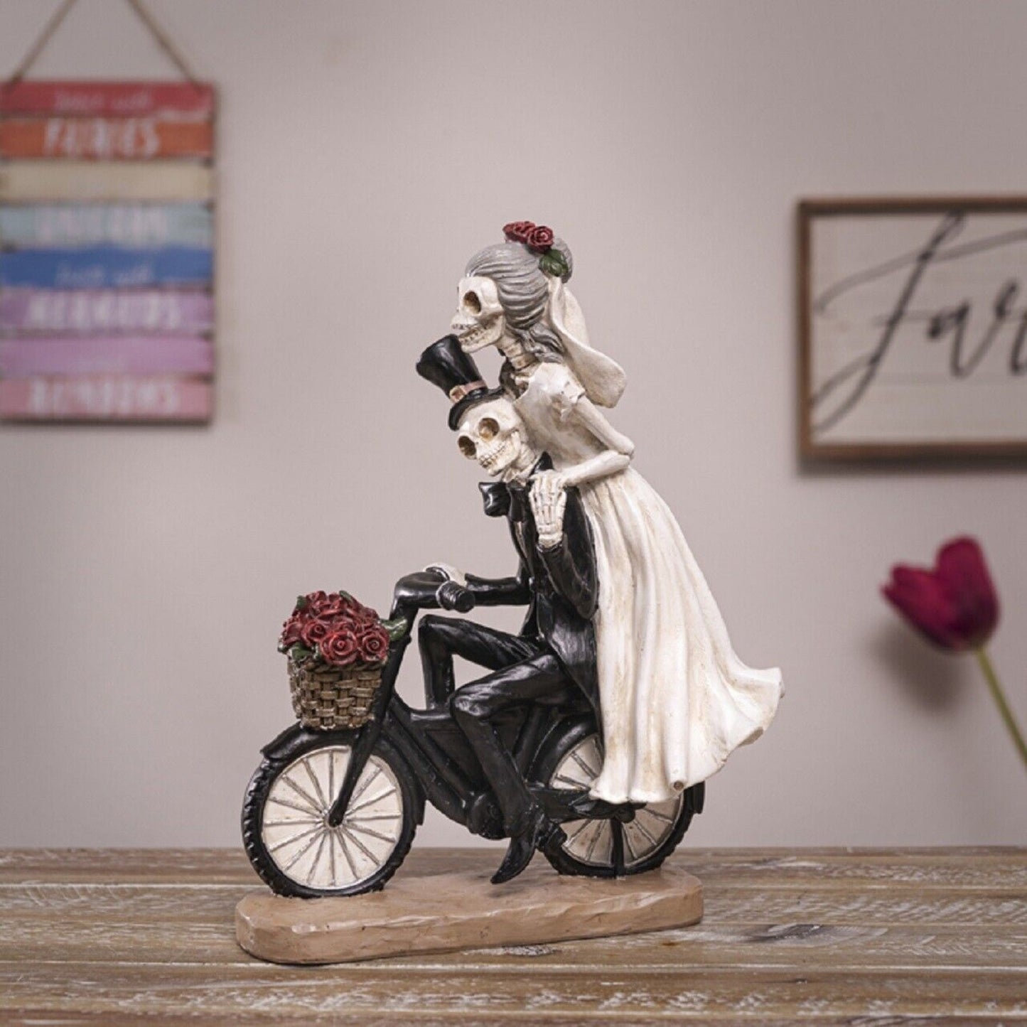 Love Never Dies Skeleton Wedding Couple on Bicycle Figurine 11 Inch