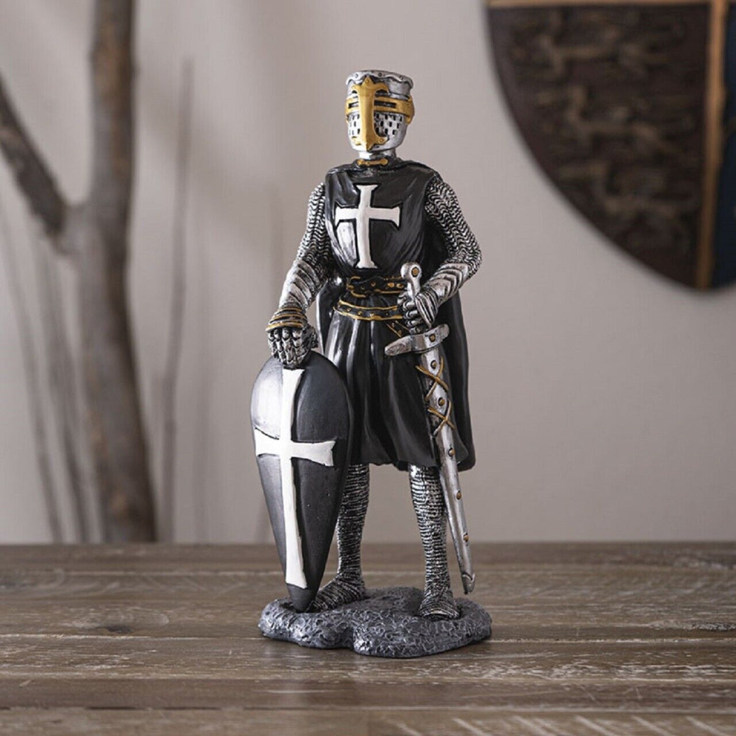 Crusader Knight with Shield Figurine 8 Inch Black