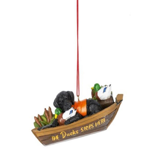 Ganz The Duck Stops Here Black Lab In Boat Hunting Christmas Tree Ornament 4 inch