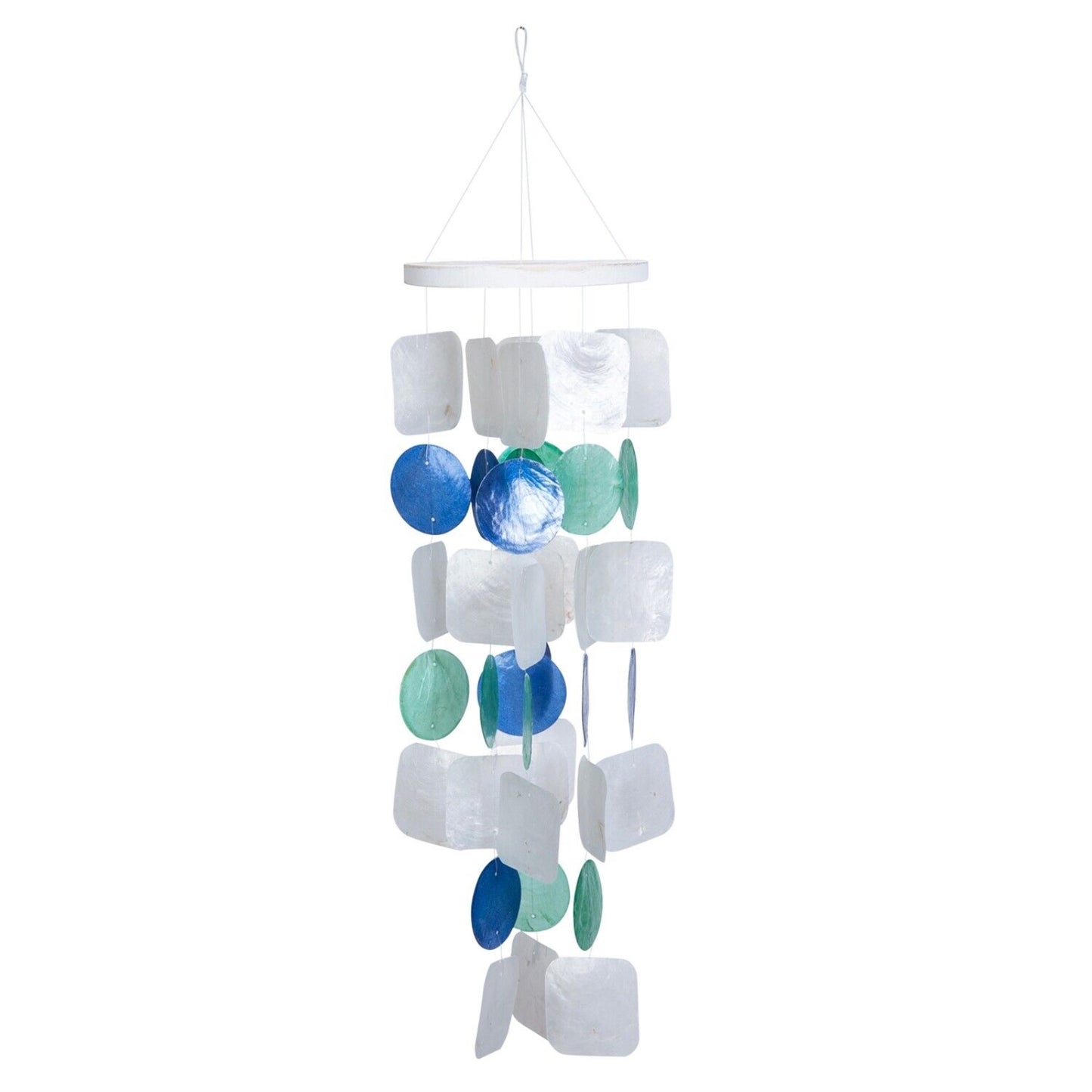 Beachcombers Blue Green and White Capiz and Wood Outdoor Garden Wind Chime 19.75 inch