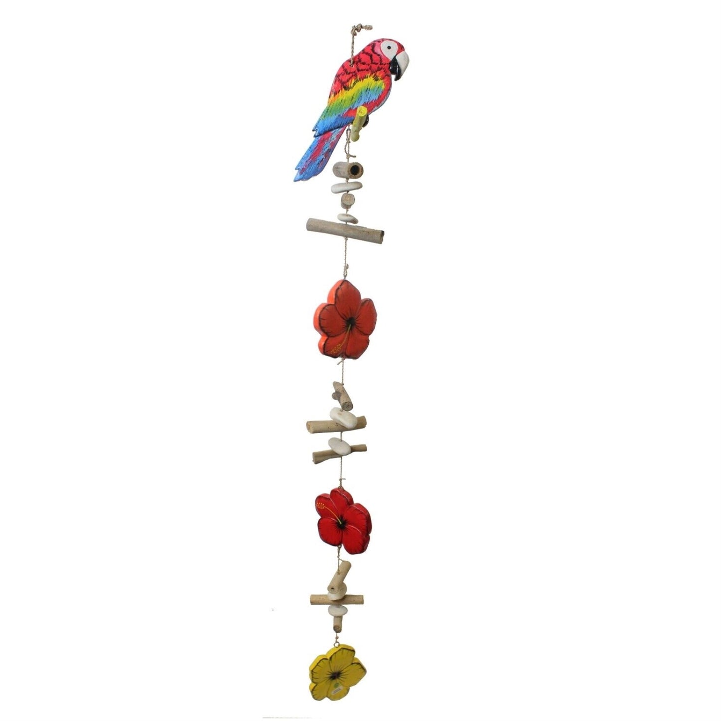 Beachcombers Scarlet Macaw Parrot with Hibiscus Flowers Strand With Driftwood and Stone Mobile 32 inch