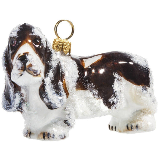 Joy to the World Snowy Snow Covered Basset Hound Dog Polish Glass Christmas Tree Ornament Pet