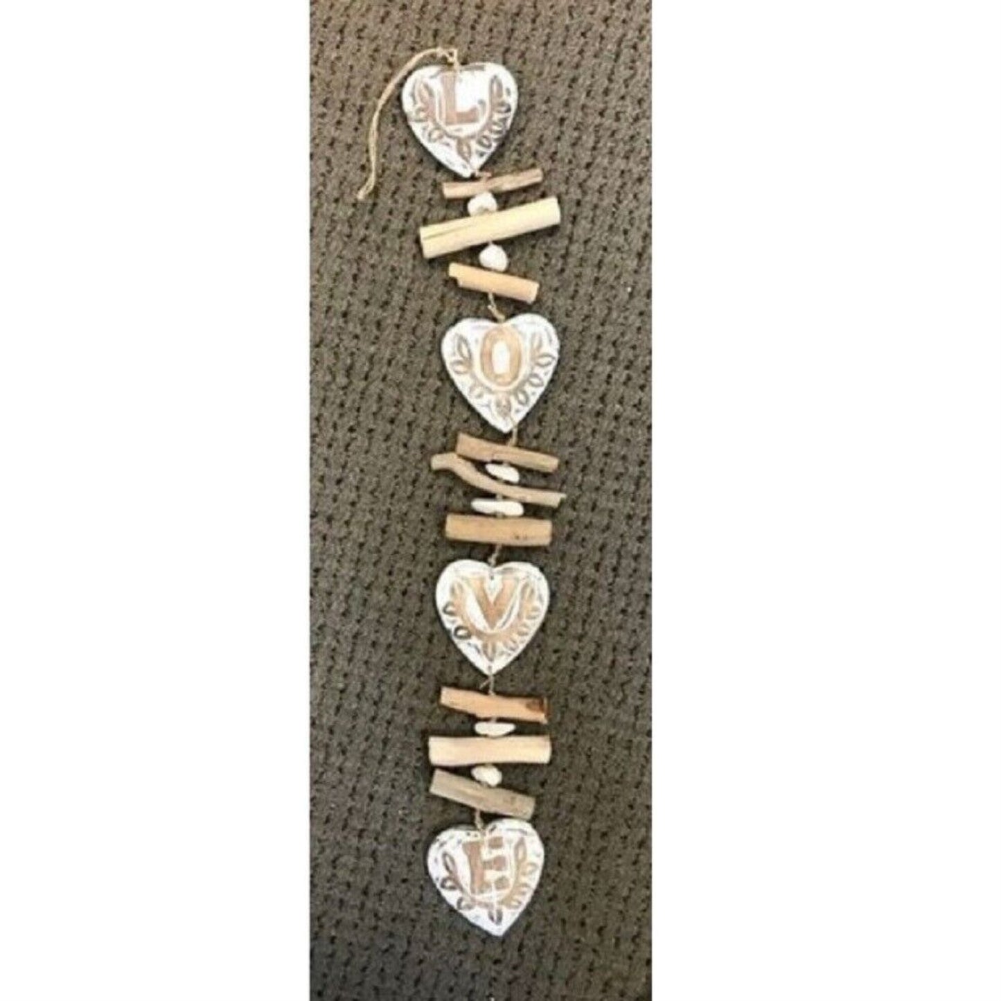 Carved Wooden Love Hearts Hanging Strand Indoor Outdoor Beach Coastal Home Decor 37 inches Long