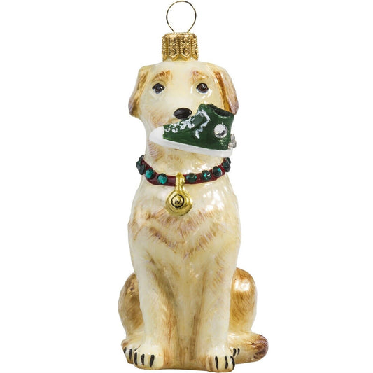 Joy to the World Yellow Lab with High Top Sneaker Polish Glass Christmas Tree Ornament Labrador