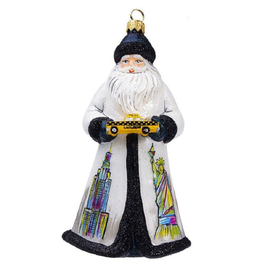 Joy to the World Glitterazzi New York Santa with Taxi Cab Polish Glass Christmas Ornament