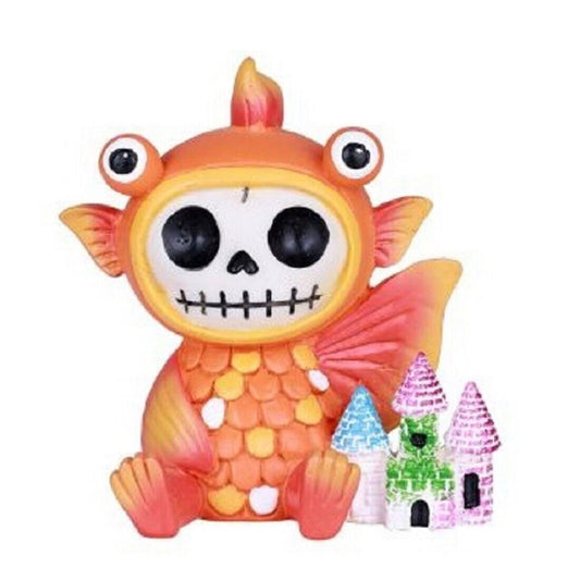 Furrybones Demekin Skeleton in Bulging Eyed Gold Fish Costume with Castle Figurine