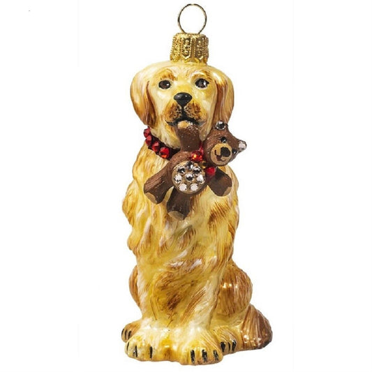 Joy to the World Golden Retriever with Teddy Bear Polish Glass Dog Ornament