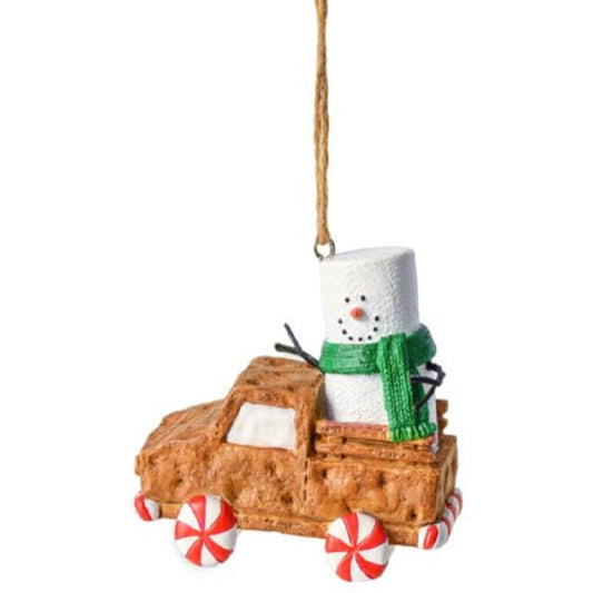 Ganz Smores Marshmallow Snowman Riding in Back of Graham Cracker Truck Christmas Ornament 3.3 inch